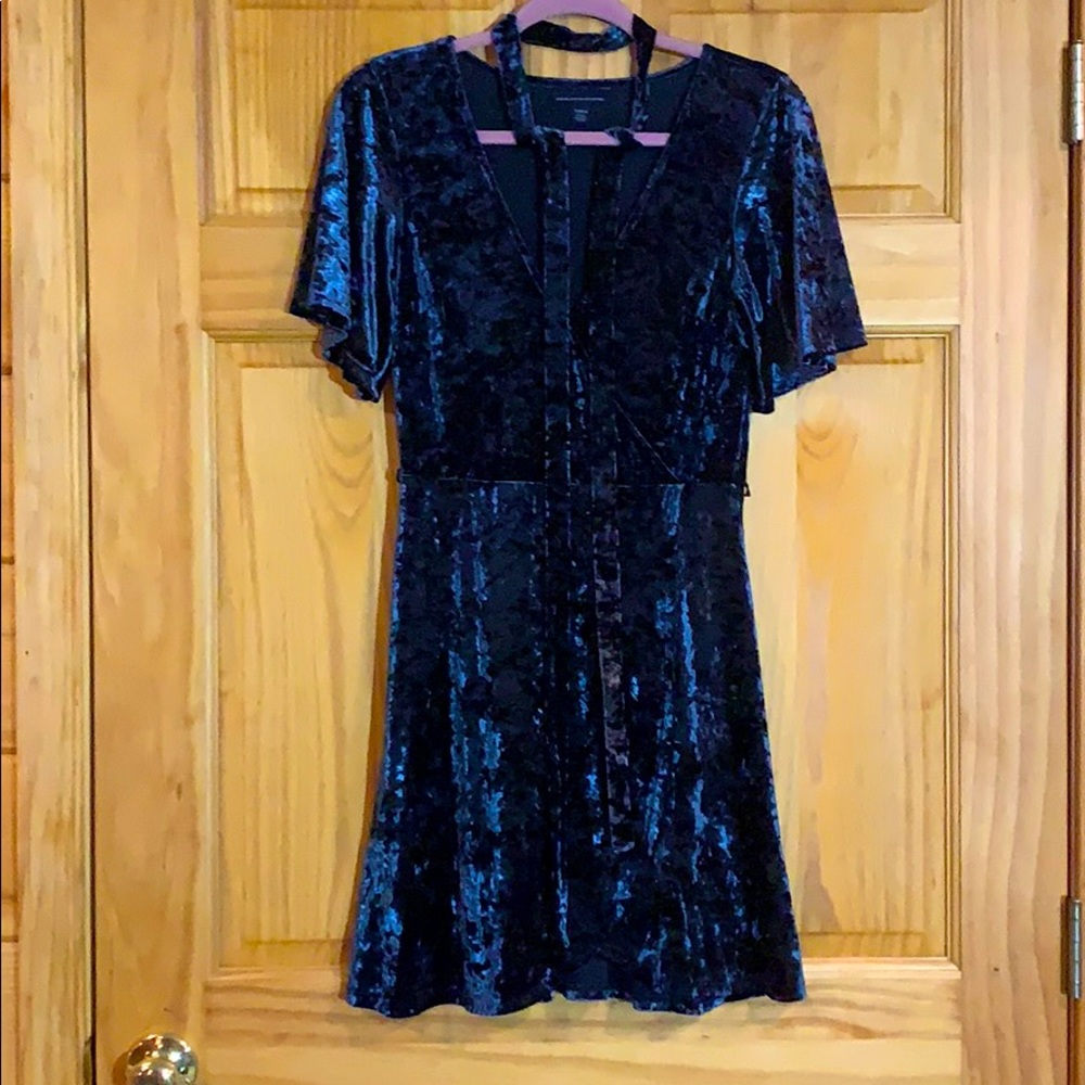 American eagle blue crushed velvet wrap dress S